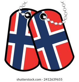 A pair of Norwegian military dog tags with chain over a white background showing the Norway national flag