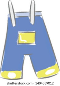 A pair o blue overalls with a yellow pocket, vector, color drawing or illustration. 