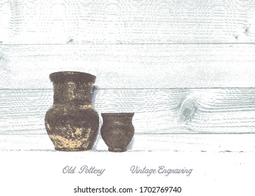pair of old ceramic pots on a wood texture background, stylized vintage engraving illustration,  high detailed screen object that can be used in any colors, 