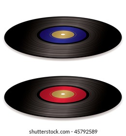pair of old fashioned vinyl record albums with blue and red labels