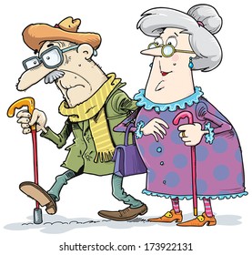 A pair of old men and women went for a walk.