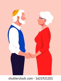 A pair of old people are in profile and hold each other's hands. Love and date. Family. Vector flat illustration