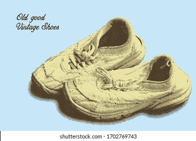 pair of old used shoes, stylized vintage engraving illustration,  high detailed screen object that can be used in any colors