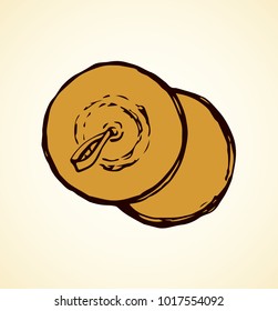 Pair of old yellow bronze round clash tom kimwal crotales isolated on white space for text. Freehand outline black ink drawn logo pictogram sketch in artistic ancient cartoon scribble etching style