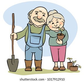 A pair of older gardeners / Vector illustration -- elderly women and men engaged in horticulture