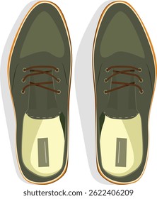 A pair of olive green men's shoes in a top view.