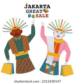 A pair of Ondel-ondel from Jakarta holding shoping bag in Jakarta Great Sale event