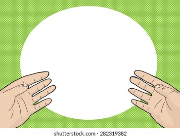 Pair of open hands over green background cartoon