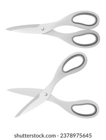 Pair of open kitchen scissors, isolated on a white background Close up view of kitchen scissors. Realistic 3d vector illustration. Mock up