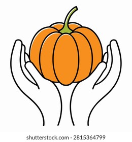 Pair of open palms carrying fresh round gourd, signifying agricultural abundance, seasonal produce, autumn harvest, and bounty.