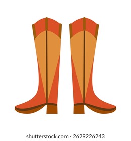Pair of orange cowboy boots with stylized shape.