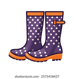 A pair of orange rain boots with white dots