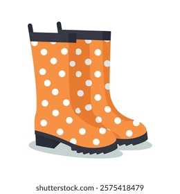 A pair of orange rain boots with white dots