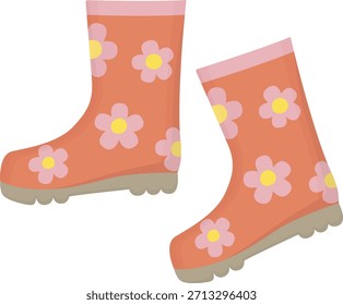 Par de botas de goma naranja con flores rosas. Zapatos lindos de la primavera aislados en blanco