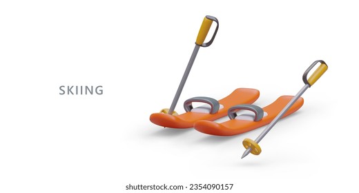 Pair of orange skis, ski poles. Winter sports accessories. Advertisement of ski school. Opening of new track. Ski resort flyer template. Color concept for web design