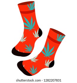 A pair of orange socks with green cannabis leaves. Vector illustration