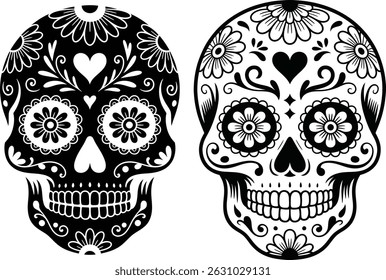 Pair of ornate black and white Silhouette sugar skulls