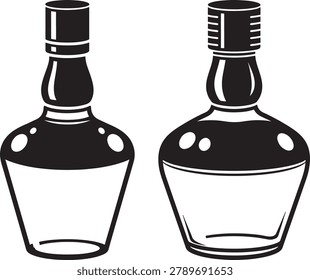 Pair of ornate bottles in silhouette. Dark liquid fill in glass containers. Vector objects for design elements. Isolated on white.