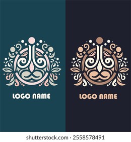 A pair of ornate, symmetrical logo designs featuring intricate floral and swirl elements surrounding a central stylized symbol.