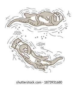 A pair of otters, funny otters swimming in the water. mom and baby swim, lying on their backs. Vector illustration. Outline style