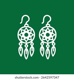 Um par de brincos de caçador de sonhos delineados em um fundo verde profundo, oferecendo uma estética limpa e moderna aos símbolos espirituais tradicionais