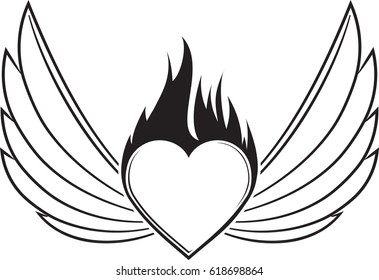 Pair of outlined stroke black vector wings with heart and blazing flame.