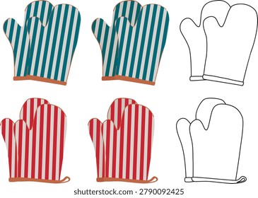 A pair of oven mitts. Vector illustration for cookbook illustrations, bakery menus, and home kitchen textiles. Kitchen potholders for hot dishes. Bright striped mittens, set.