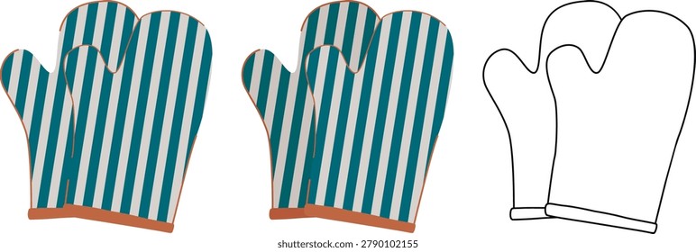 A pair of oven mitts. Vector illustration for cookbook illustrations, bakery menus, and home kitchen textiles. Kitchen potholders for hot dishes. Bright striped mittens, set.