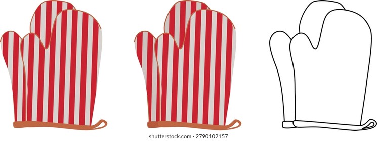 A pair of oven mitts. Vector illustration for cookbook illustrations, bakery menus, and home kitchen textiles. Kitchen potholders for hot dishes. Bright striped mittens, set.