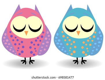 A pair of owls with closed eyes, sleeping in speckles. Drawing for a cup, decoration, postcard. Pastel shades