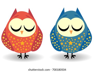 A pair of owls with closed eyes sleeping in sprockets. Drawing for a cup, decoration, postcard. Pastel shades.