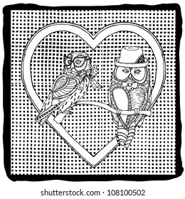 pair of owls in heart on pattern background