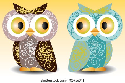 A pair of owls with an intricate pattern on the wings and body, volume, glass eyes. Blue, brown, purple