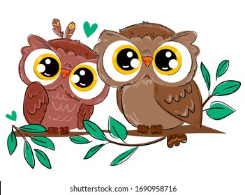 A pair of owls sits on a branch with foliage isolated on a white background. Bird vector illustration. Beautiful childish print design elements. Heart