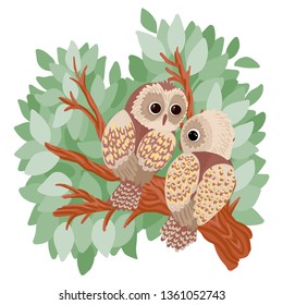 A pair of owls sitting on a tree, green foliage, summer day. Childlike illustration of wildlife and birds. Vector illuratiya print or for children book.