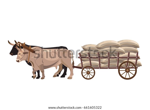 Pair Oxen Pull Cart Sacks Stock Vector (Royalty Free) 661605322