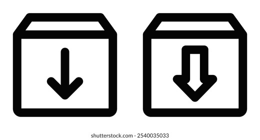 Pair of package icons with downward arrows, symbolizing receiving or shipping items. Vector illustration. Editable stroke.