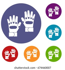 Pair of paintball gloves icons set in flat circle reb, blue and green color for web