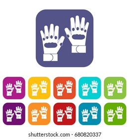 Pair of paintball gloves icons set vector illustration in flat style in colors red, blue, green, and other