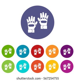 Pair of paintball gloves set icons in different colors isolated on white background