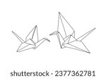A pair of paper doves. Origami toys. Origami Day. One line drawing for different uses. Vector illustration.
