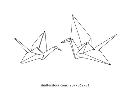 A pair of paper doves. Origami toys. Origami Day. One line drawing for different uses. Vector illustration.