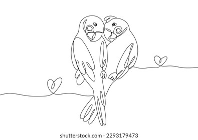 A pair of parrots in love. Cute exotic birds. World Parrot Day. One line drawing for different uses. Vector illustration.