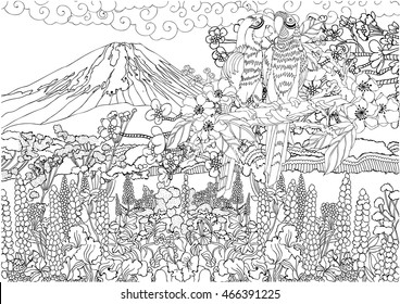 
 pair of parrots on a background of mountain scenery. Mountain in Japan. Lovers of parrots on a branch . Coloring pages 