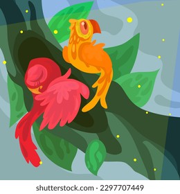 a pair of parrots perched on a tree vector