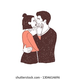Pair of passionate lovers on date. Young stylish man and woman hugging and kissing. Cute boy and girl in love. Romantic partners cuddling. Hand drawn realistic vector illustration for 14 February.