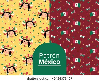 Pair of patterns of national holidays of Mexico. Mexican flags and typical rag dolls