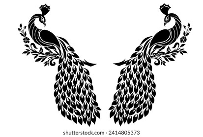 Pair of peacocks with crowns and leaves. Vector illustration