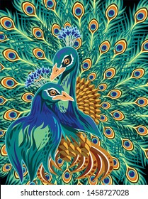 A pair of peacocks on the background of their beautiful feathers