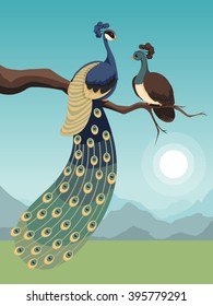 a pair of peacocks sit on branch at daytime